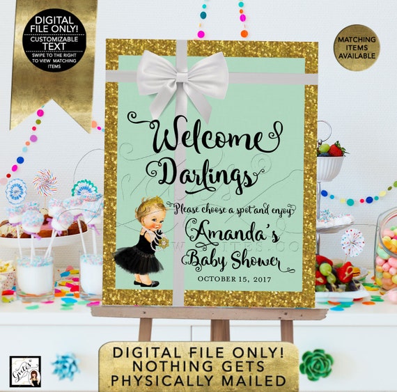 Breakfast at Welcome Baby shower signs/ poster mint green and gold/ pink and gold/ baby and co. DIGITAL FILE ONLY!