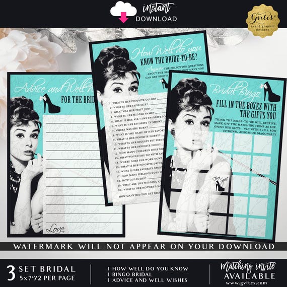 Digital Breakfast Bridal Shower Set of 3 Printable Audrey Hepburn Theme | Advice | Bingo | How Well Do You Know | Instant Download 5x7