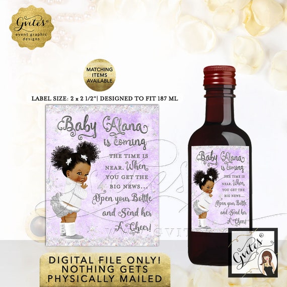 Winter Mini WINE bottle Labels. Baby is coming the time is near. Personalized Party Favors in Lavender Silver Snow Glitter. 12/Per Sheet