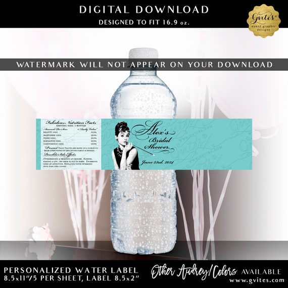 Bride & Co Water Bottle Labels Personalized with your favorite Audrey Picture. Digital File Only! JPG + PDF