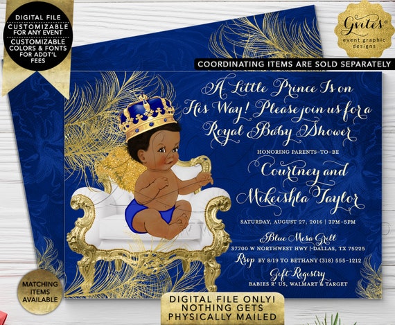 Royal Blue & Gold Prince Baby Shower Printable Invitation. Little Angel is on his way...African American Boy. 7x5 Double Sided Digital Only!