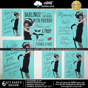 May include: A set of six turquoise party signs featuring black and white illustrations of a person in a black dress, hat, and gloves. The signs include various quotes in black script text, such as Mimosa bar, Darlings, and Hello darlings.