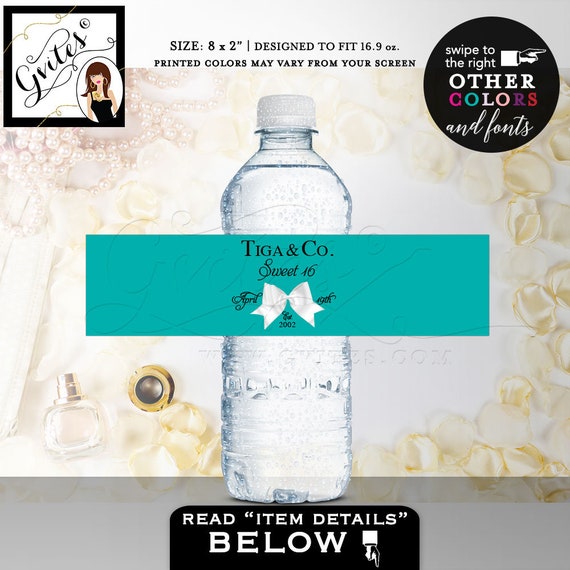 Sweet 16 & Co water bottle labels/ party decorations/ stickers/ decal/ custom printables/ breakfast at/ Digital. 8x2" 5 Per/ Sheet