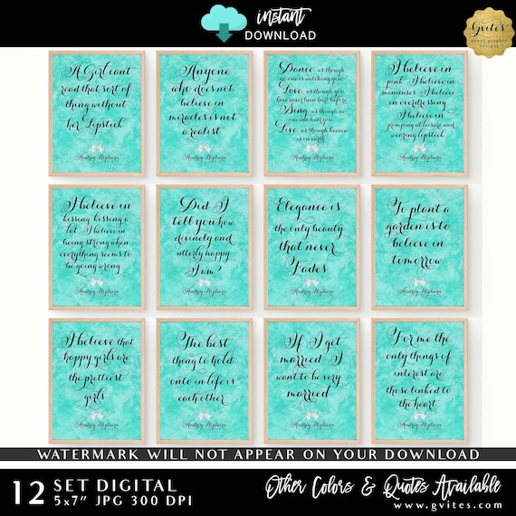 Audrey Hepburn Wall Art Quote Prints 5x7" | Turquoise Blue Watercolor Printable Package Set of 12 Instant Download