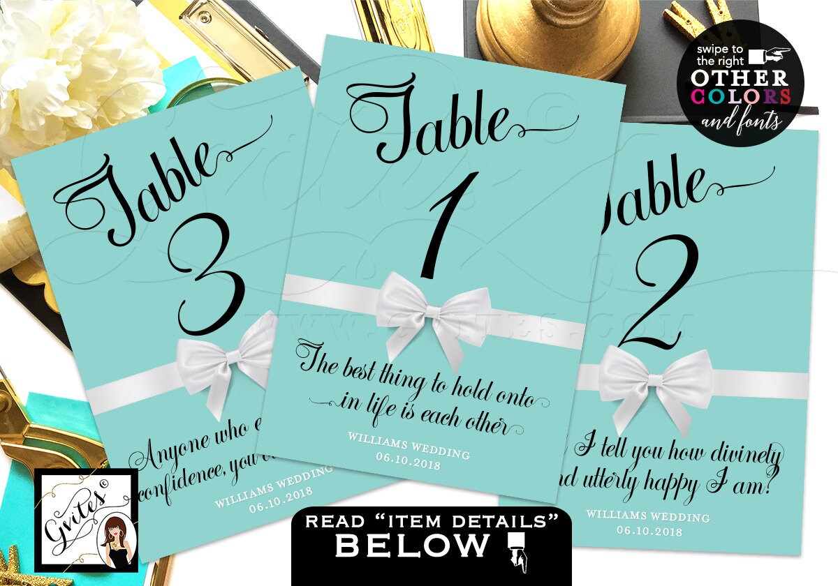 Blue Wedding Table Numbers Breakfast at themed shower birthday Audrey Hepburn quotes table decor Printable DIY 4x6 or 5x7