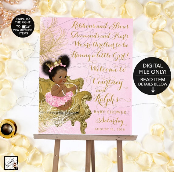 Pink and Gold Welcome Sign Baby Shower, Princess Poster Signage, Printable, Crown, Diamonds Pearls Ribbons Bows. {Gold/White Feathers}