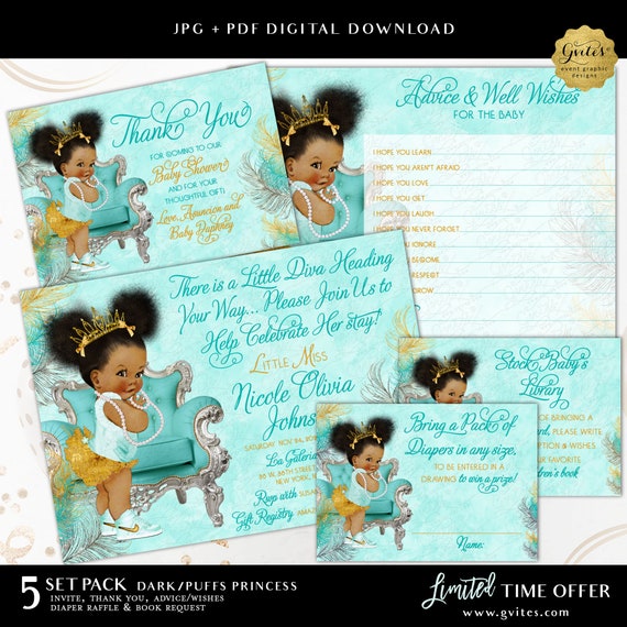 Afro Princess Baby Shower Turquoise Gold Silver Feathers Printable Party Pack Set of 5 **LIMITED OFFER