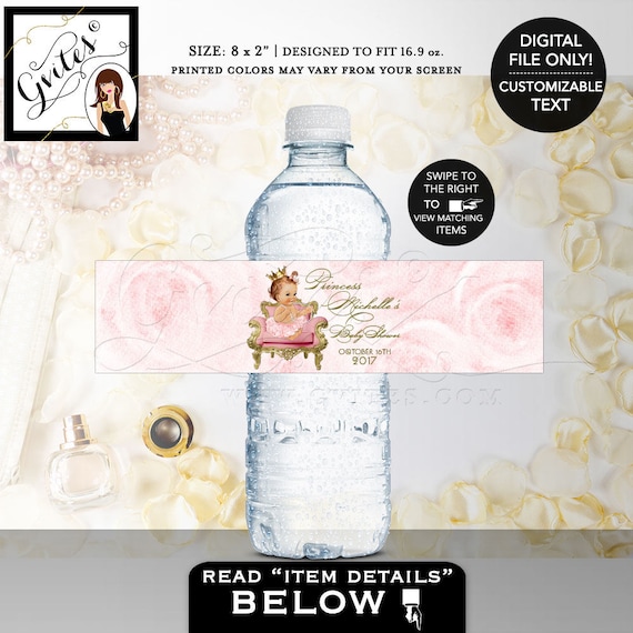 Princess water bottle labels baby shower/ Pink and gold water label/ Vintage party favors/ Gifts/ DIGITAL ONLY! 8x2" 5 Per/ Sheet
