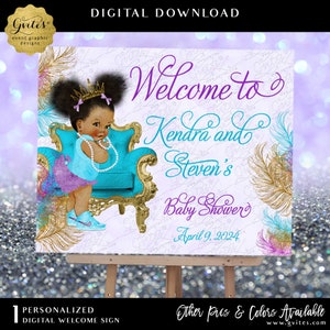 Welcome Sign Baby Shower Periwinkle Grape Purple Aqua Blue Gold Glitter Watercolor Feathers. Princess theme Ribbons Bows Pearls.