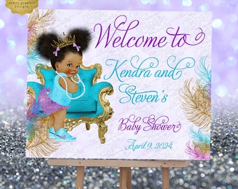 Welcome Sign Baby Shower Periwinkle Grape Purple Aqua Blue Gold Glitter Watercolor Feathers. Princess theme Ribbons Bows Pearls.