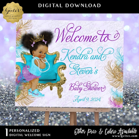 Welcome Sign Baby Shower Periwinkle Grape Purple Aqua Blue Gold Glitter Watercolor Feathers. Princess theme Ribbons Bows Pearls.