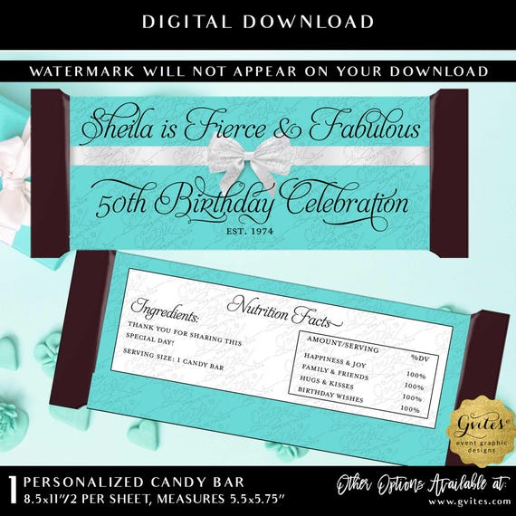Candy Bar Wrappers 50th Birthday Fierce & Fabulous Personalized Favors | Printable Digital