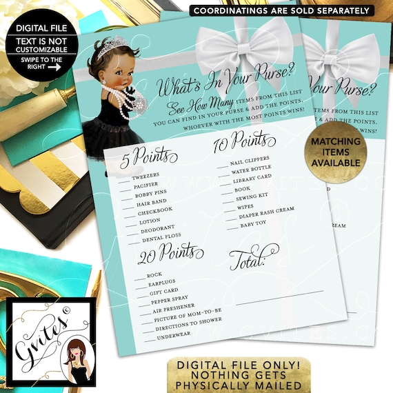 What's in your purse baby shower game. Printable cards. 5x7" 2 Per Sheet {INSTANT DOWNLOAD/ Baby: Med Brunette}