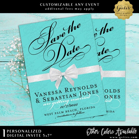 Classy Save The Date Card Turquoise Blue Background with White Satin Bow. Printable File 5x7" Customizable Text.