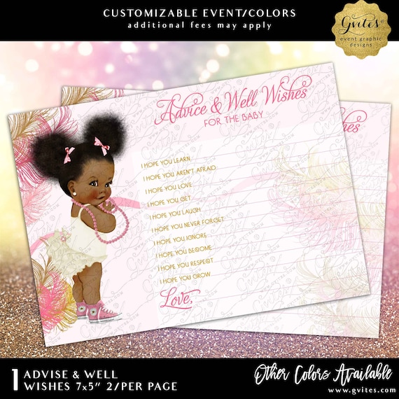 Afro Puffs Well Wishes Cards | Pink Bows Ivory and Gold Baby Shower | Instant Download