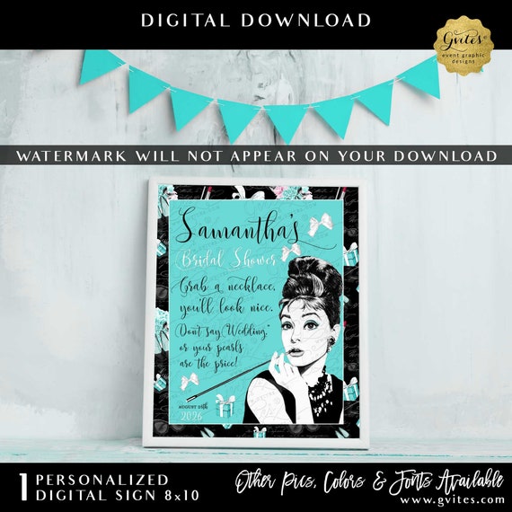 Audrey Hepburn Party Sign | Don't Say Wedding 8x10" Personalized Pearl Necklace Game.