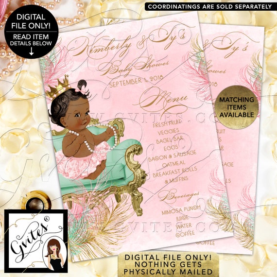 Baby Shower Menu Cards Pink Mint Green and Gold. Princess Vintage Baby Girl
