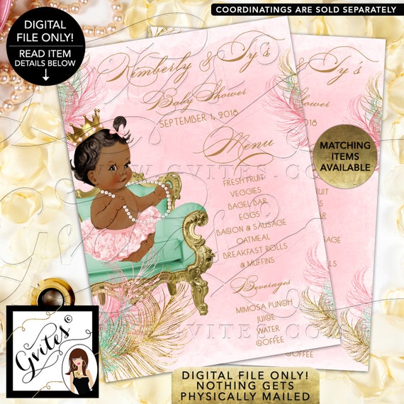 Baby Shower Menu Cards Pink Mint Green and Gold. Princess Vintage Baby Girl