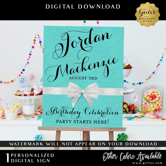 Breakfast Themed Birthday Celebration Printable Sign/ Turquoise Blue/ Teal/ Agua/ White Bow Party/ Digital/ DIY/ JPG +PDF