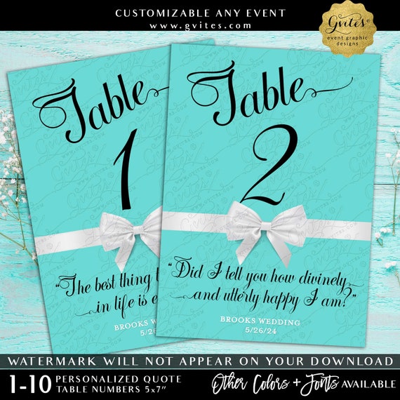 Custom Elegant Printable Blue Quote Table Numbers 1-10 Breakfast at themed shower 5x7"