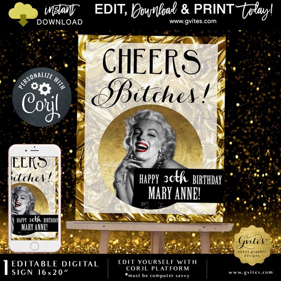 Happy 30th Birthday Marilyn Monroe Party Sign | Editable Template Corjl 16x20" Instant Download