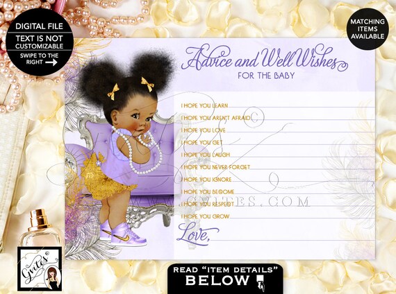 Advice Card For Baby Lavender Silver & Gold Baby Shower Wishes Card / Purple Shoes Afro Puffs African American Baby / Instant Download