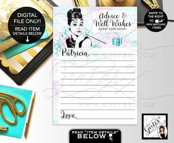 Birthday Advice cards/ breakfast at blue and co wishes for the birthday girl games/ blue Audrey Hepburn 5x7" 2 Per Sheet