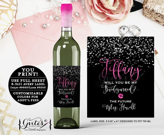 Pink & Black Bridal Shower Wine Labels / Silver Glitter Wine Bottle Stickers Bridesmaid Labels / Glitz and Glam