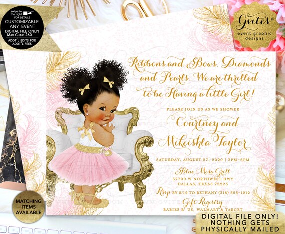 Baby Shower Invitation White Gold Baby Pink African American Baby Shower Invitation White Gold Baby Pink African American