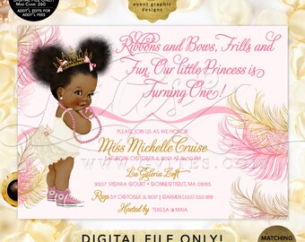 Rosa y oro bebé primera invitación de cumpleaños / princesa afroamericana Afro Puffs Tiara / cintas arcos 1st invite 7x5" Gvites