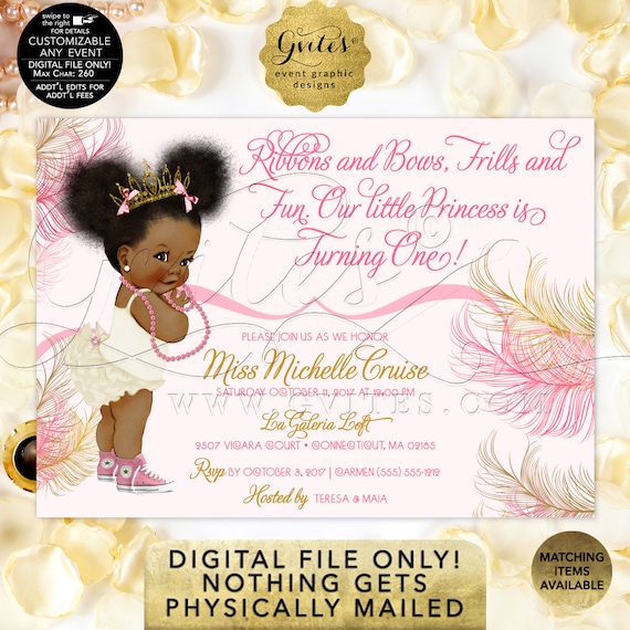 Pink and Gold Baby First Birthday Invitation | Princess African American Afro Puffs Tiara | Ribbons Bows 1st invite 7x5" Gvites