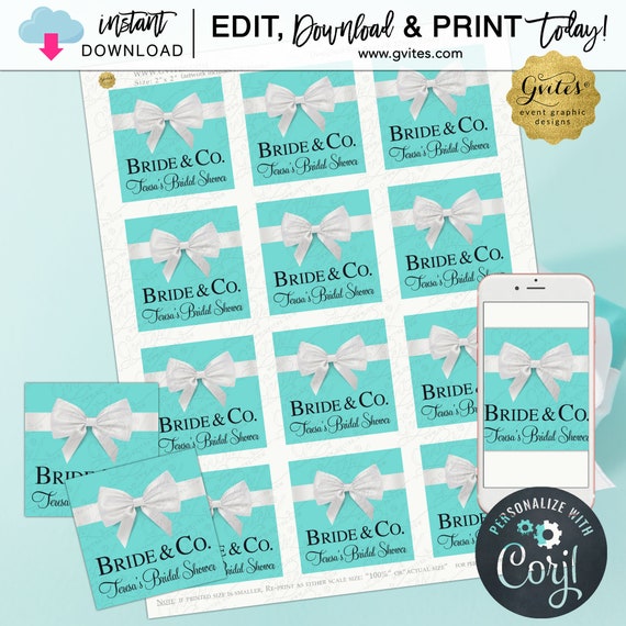 Editable Template Bridal Shower Name & Co For Party Favors/Gifts. 2x2"