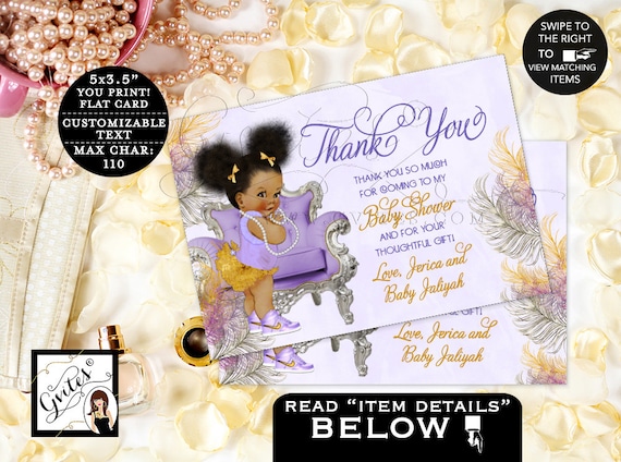 Lavender Gold Feathers Purple Silver Thank You Baby Shower Printable Card.