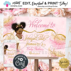Welcome Poster Sparkly Feathers Pink & Gold Watercolor Afro Puffs Princess Baby Shower 36x24&quot; 300 DPI