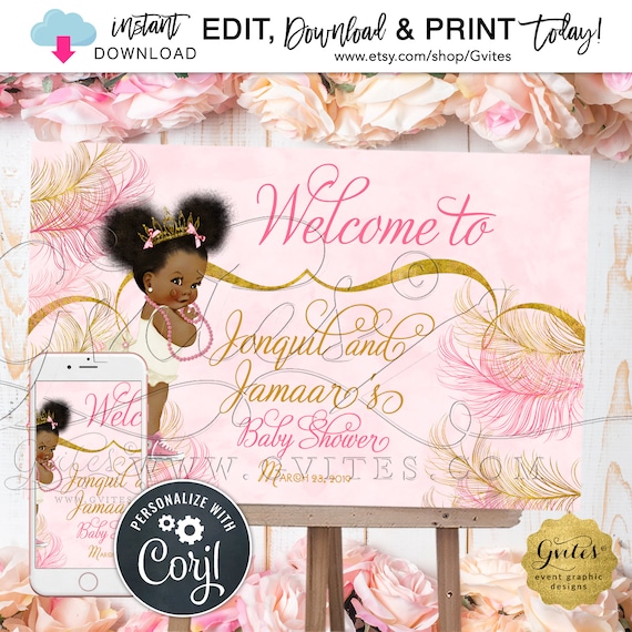 Welcome Poster Sparkly Feathers Pink & Gold Watercolor Afro Puffs Princess Baby Shower 36x24" 300 DPI