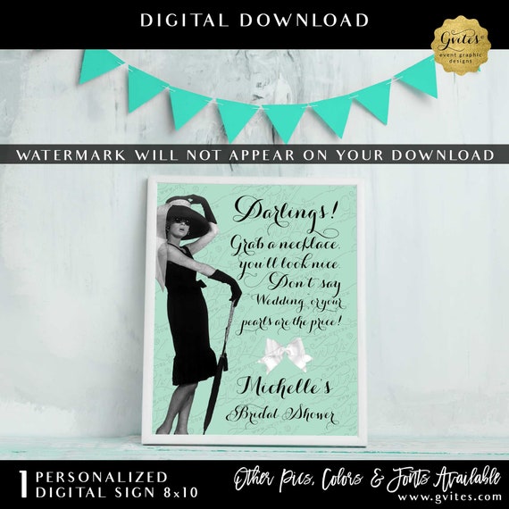 Personalized Pearl Necklace Game Sign | Audrey Hepburn Party Sign Mint Green Don't Say Wedding 8x10"