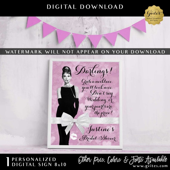 Personalized Pearl Necklace Game Sign | Audrey Hepburn Party Sign Don't Say Wedding 8x10"