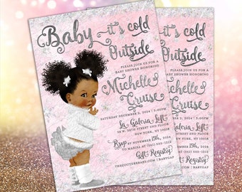 Baby it's Cold Outside Invitation Baby Shower Winter Wonderland/ African American Afro Puffs Girl Pink & White/ Vintage Babies of Color