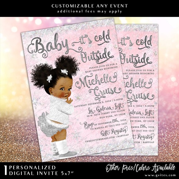 Baby it's Cold Outside Invitation Baby Shower Winter Wonderland/ African American Afro Puffs Girl Pink & White/ Vintage Babies of Color