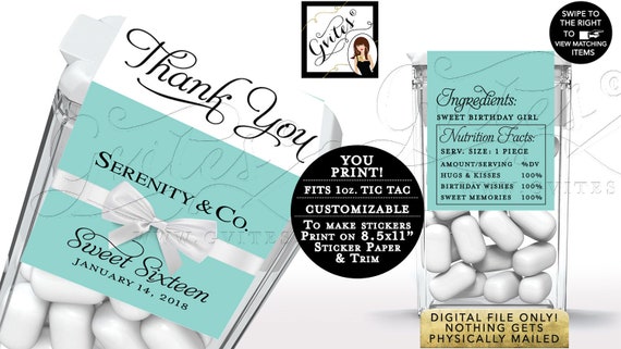 Tic Tac Labels/ Sweet 16 Birthday Party Labels Thank You Breakfast at & Co Candy Wrappers/ Blue White party favor gifts/ PRINTABLE Il_570xn