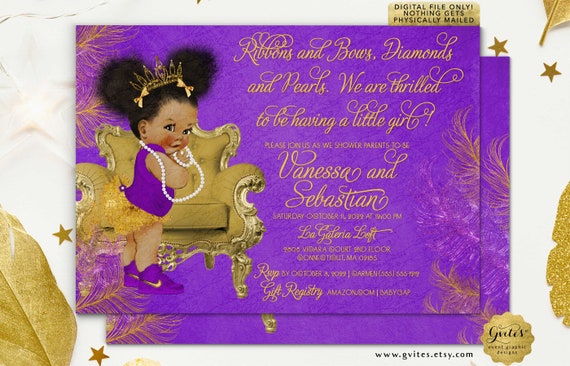 Purple & Gold Baby Shower Invitation Princess African American Afro Puffs Tiara by Gvites