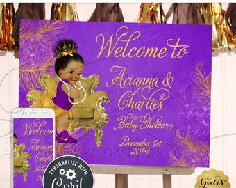 Purple & Gold Welcome Sign Baby Shower Princess African American Afro Puffs Tiara | Instant Download! {Size: 24x18"}