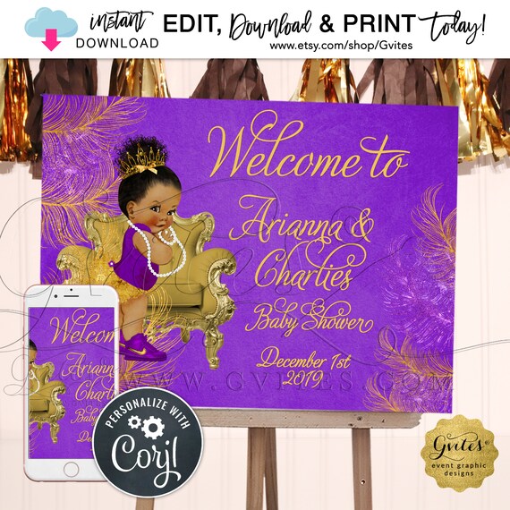 Purple & Gold Welcome Sign Baby Shower Princess African American Afro Puffs Tiara | Instant Download! {Size: 24x18"}