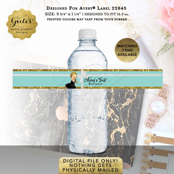 Water Bottle Labels Turquoise Blue & Gold 1st Birthday Printable Breakfast Vintage Black Tutu {Designed For Avery® 22845}