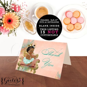 Biglietti di ringraziamento per bambina principessa afro-americana / Baby shower per ragazza etnica / Pantaloni vintage con volant verde menta corallo Collana di perle con corona dorata