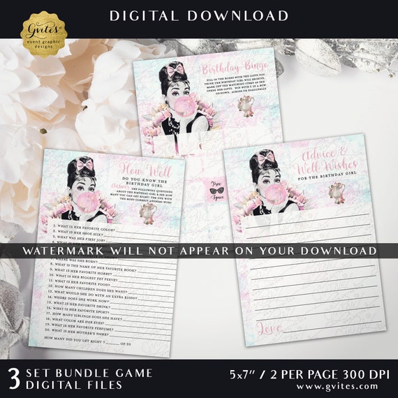 Birthday Printable Bundle Party Game Cards | Set of 3 Audrey Hepburn Pink Bubble Gum