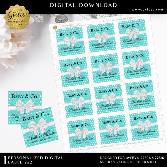 Baby & Co Shower Thank You Personalized | Square Labels for Party Favors Gifts | Printable 2x2" 12 Per Sheet