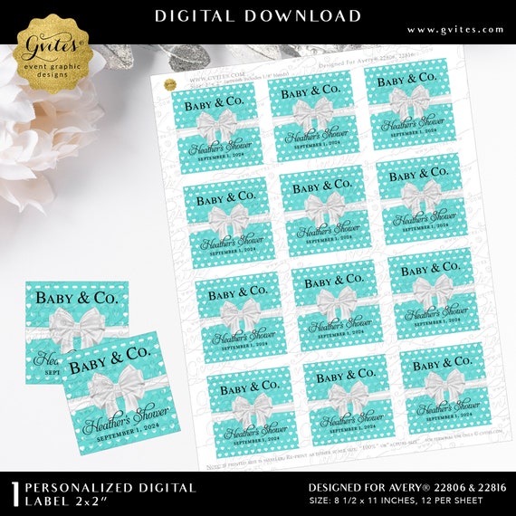 Baby & Co Shower Thank You Personalized | Square Labels for Party Favors Gifts | Printable 2x2" 12 Per Sheet