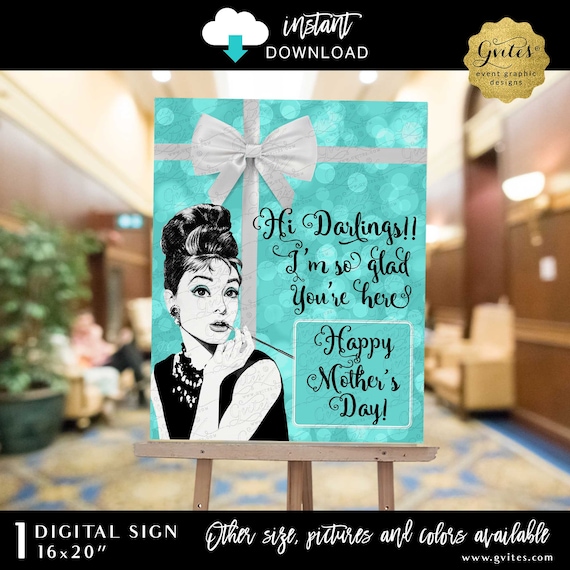 Audrey Hepburn Cigarette Welcome Mother's Day Brunch Poster Printable Sign | Blue Bokeh 16x20" Instant Download
