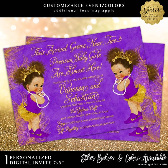 Twins Princess Baby Shower Invitation | Twin Girls Glittery Feathers Violet Purple and Lava Gold | Printable/Digital 7x5"